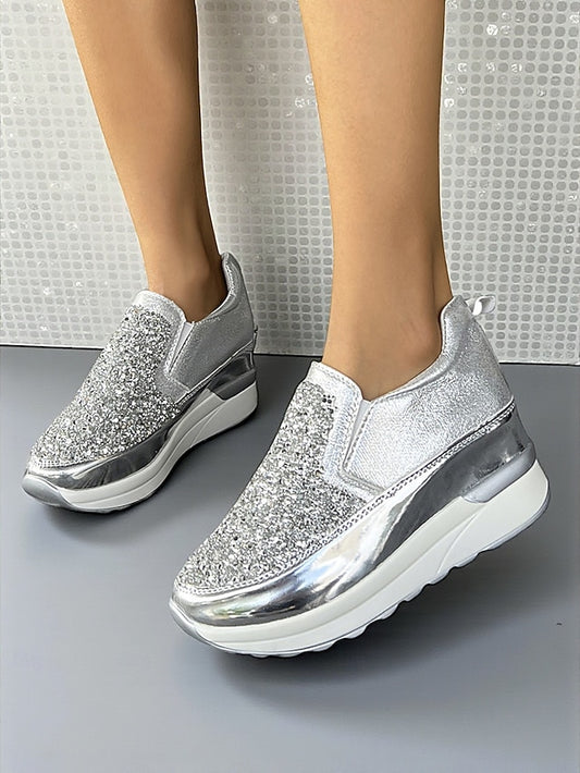 Women's Black Metallic Sneakers with Glitter Slip-On