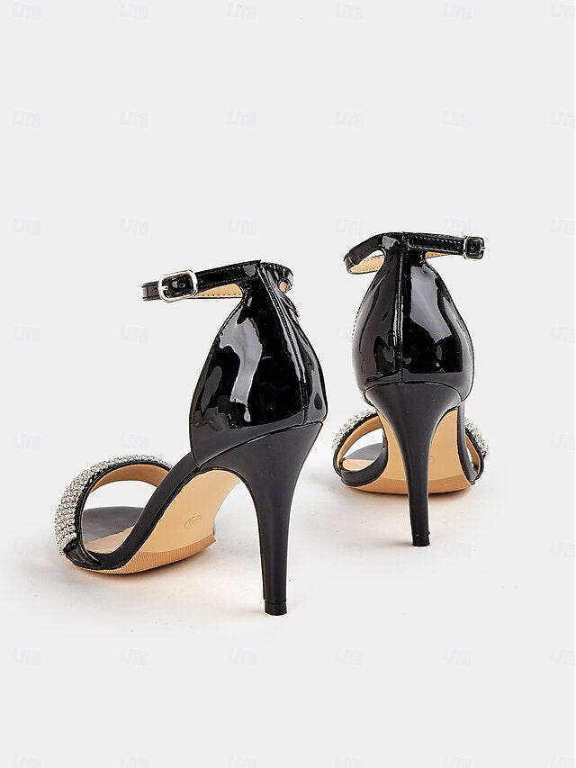 Sandals Rhinestone High Leather Heel Patent with Black