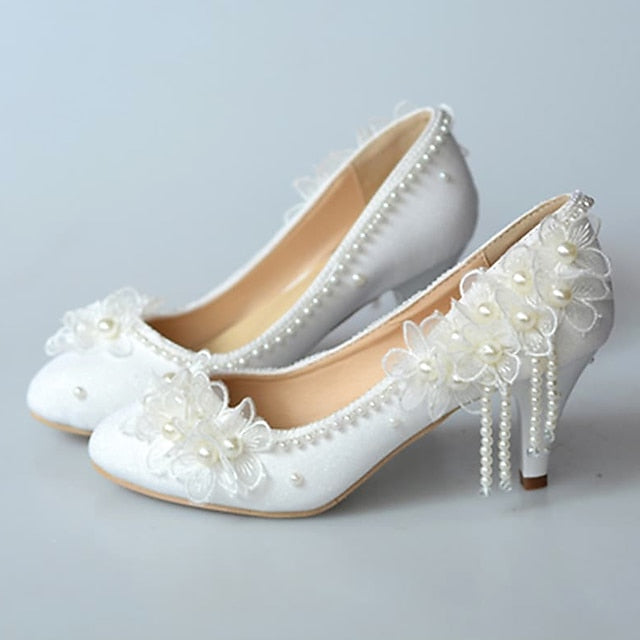 with Women's Platform Heels Floral Lace Wedding White