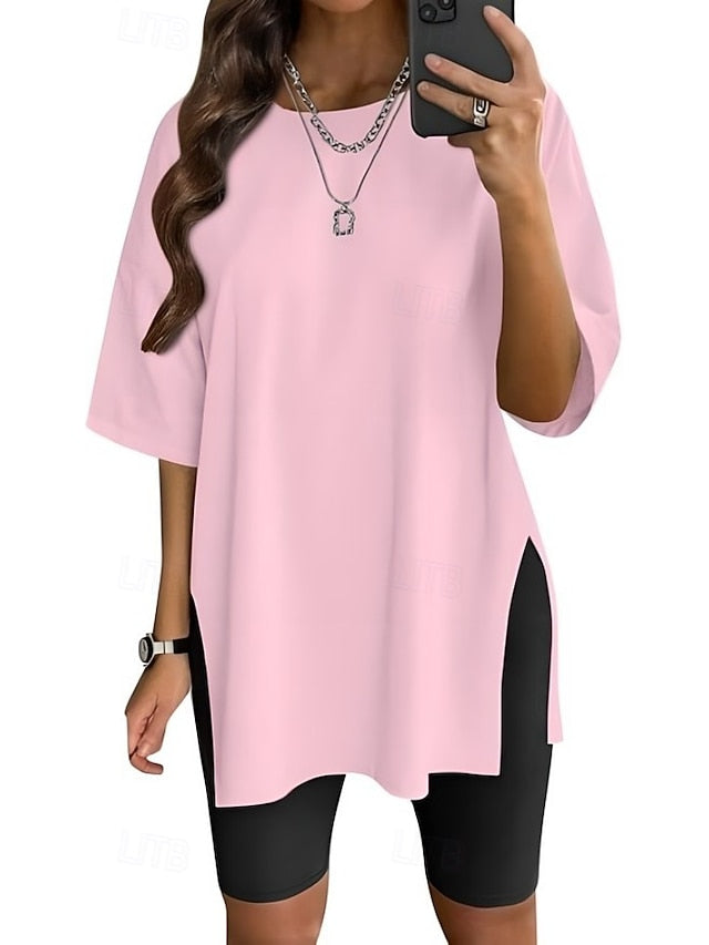 Women's T Shirt Side Split Solid Color Graphic Fashion