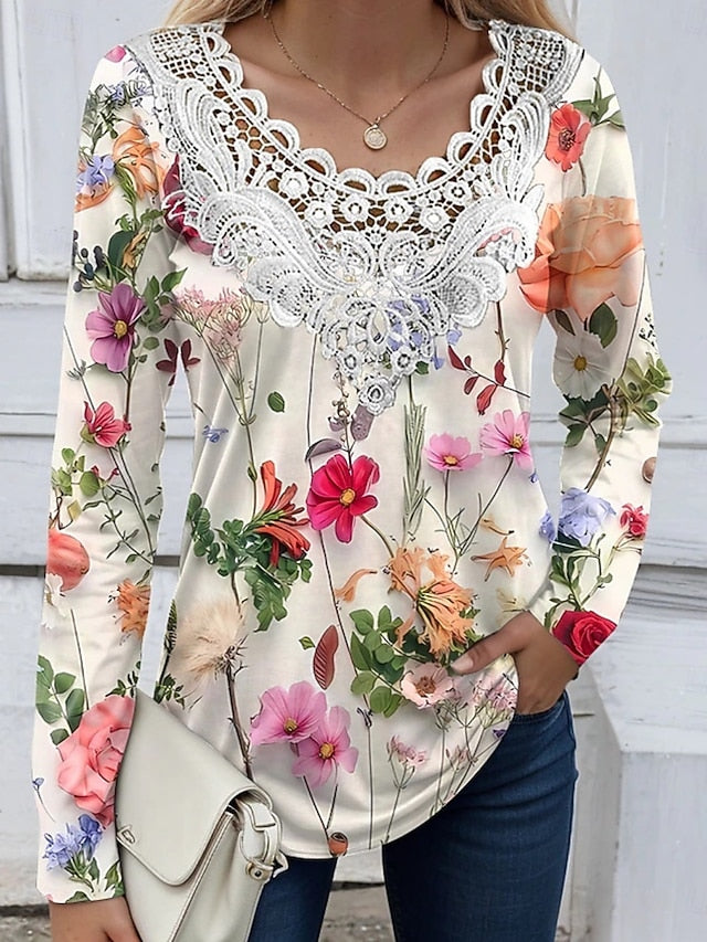 Women's Blouse Lace Patchwork Print Floral Marble Stylish