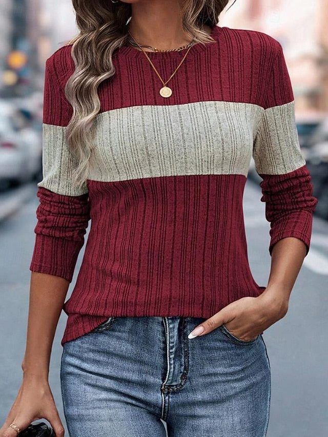 Women's T Shirt Patchwork Color Block Casual Long Sleeve