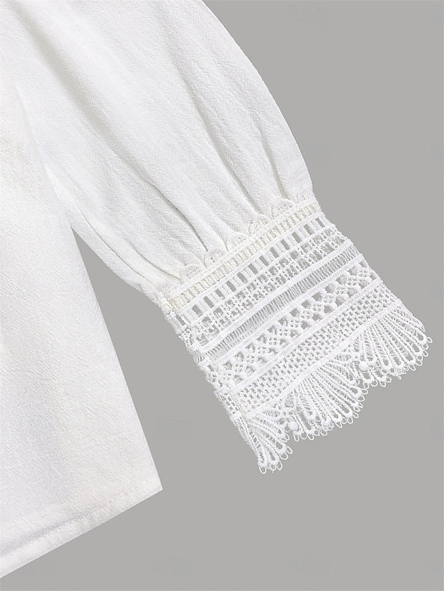 Women's Blouse Lace Tops Ruched Patchwork Buttons Solid