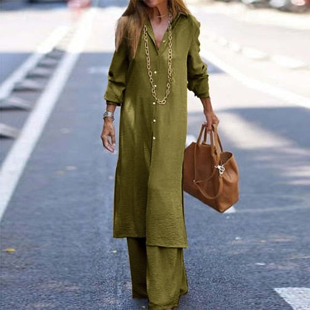 Women's Blouse Pants Sets Long Sleeve Shirt Collar Solid