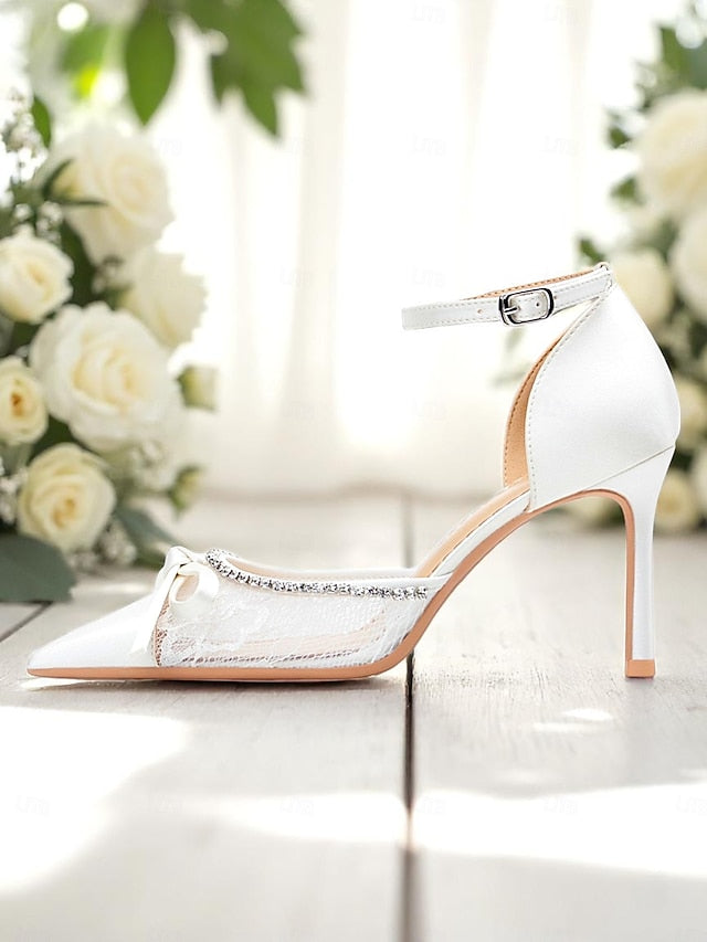 Heels Satin Lace High White Women's