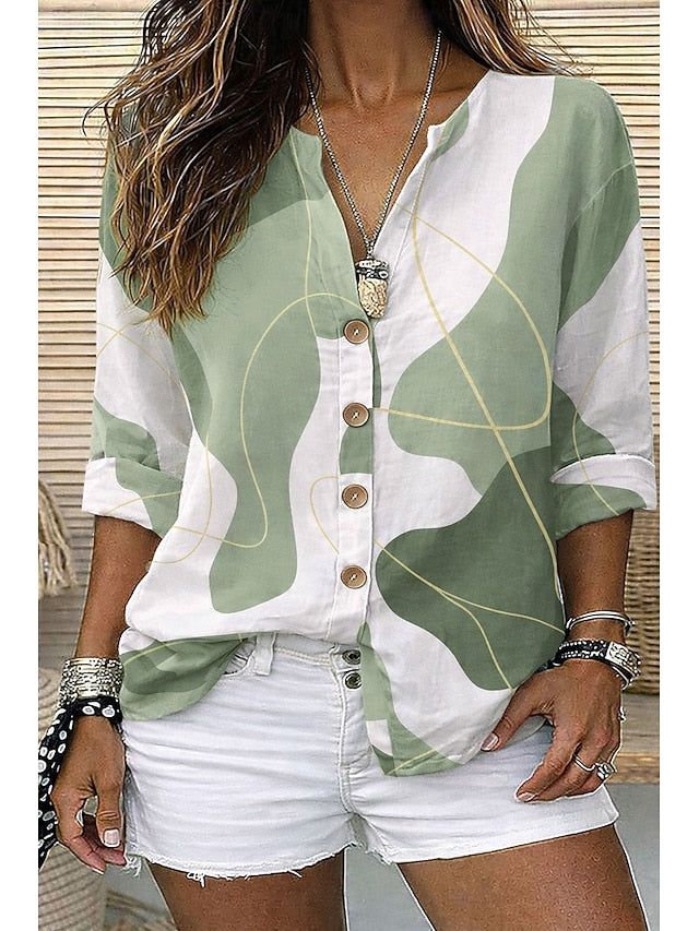 Women's Shirt Tunic Summer Tops Buttons Graphic Geometric