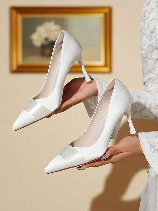 Heel Pointed Women's Toe High Satin - Champagne Pumps