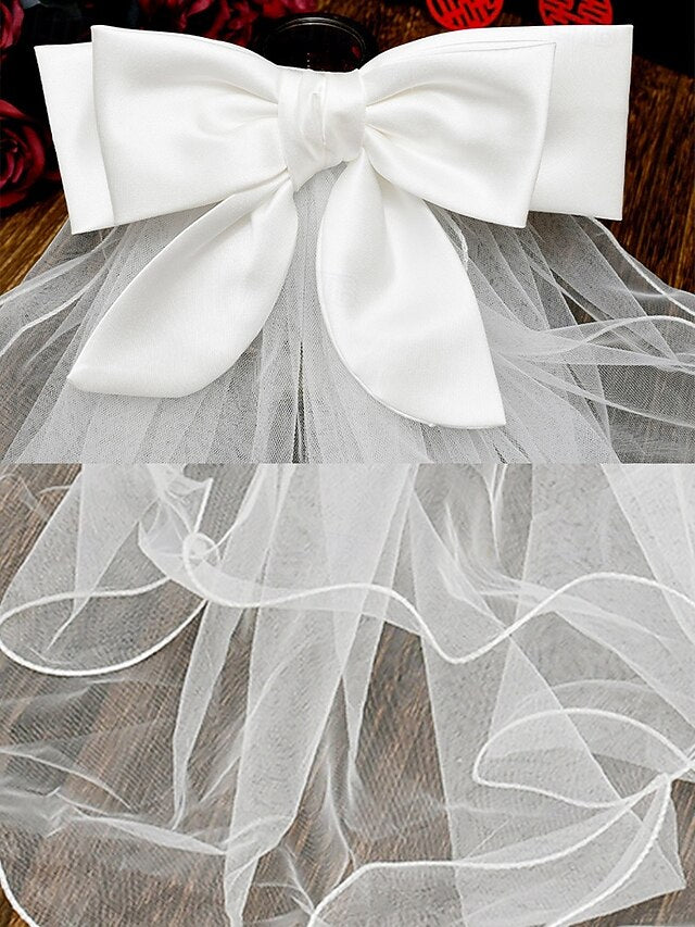Elegant Satin - Bridal Ivory Ribbon Tulle Veil with and Soft