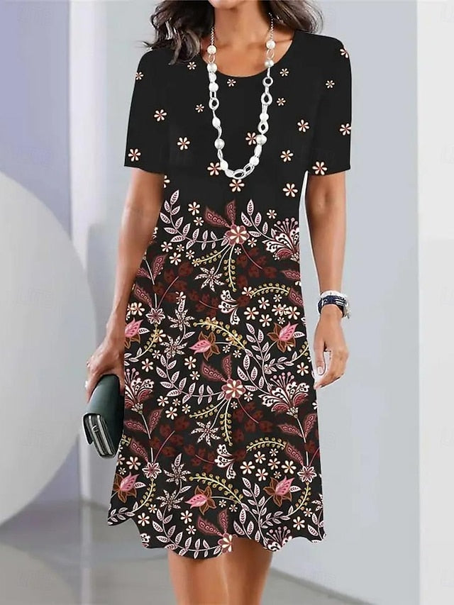 Women's Floral Print Crew Neck Midi Dress Formal Party