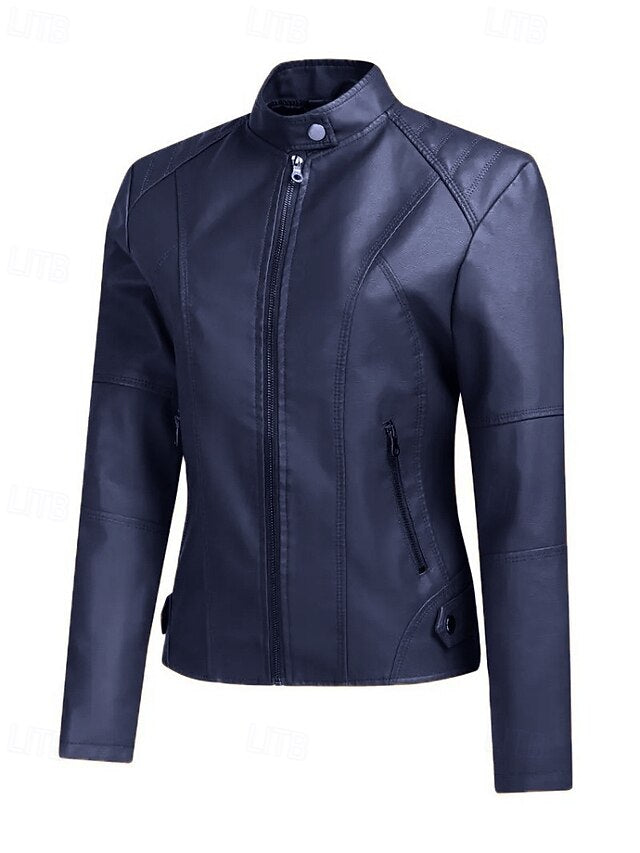 Faux Pocket Leather Comfortable Women's Zipper Jacket