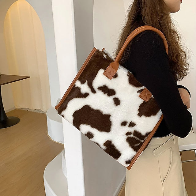 Brown Bag Leather Fur with Women's Print Faux Tote Leopard