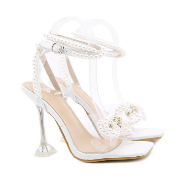 Women's – Clear Heel Pearl-Embellished High Sandals