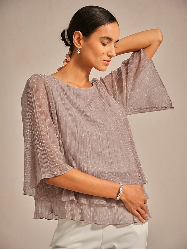 Women's Blouse Chiffon Tops Lace Tops Ruched Glitter Solid