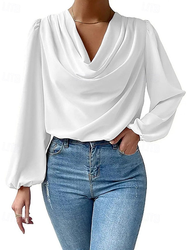 Women's Shirt Elegant Dressy Satin Top Ruched Patchwork