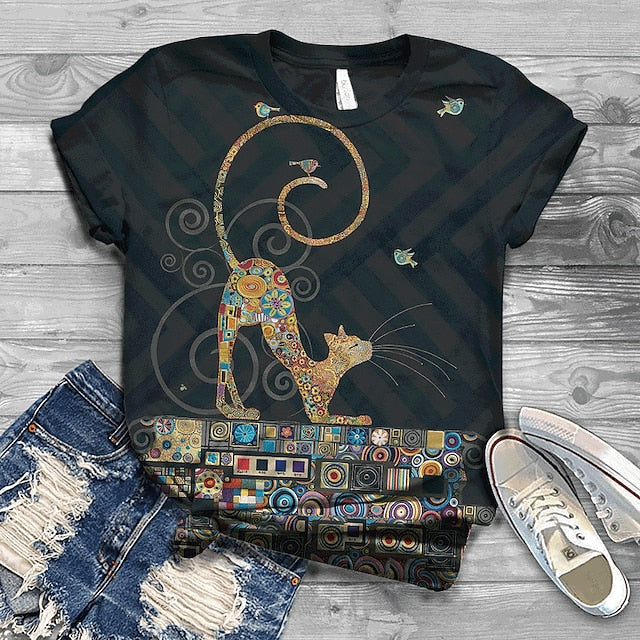 Women's T Shirt Streetwear Preppy Cat Print Short Sleeve