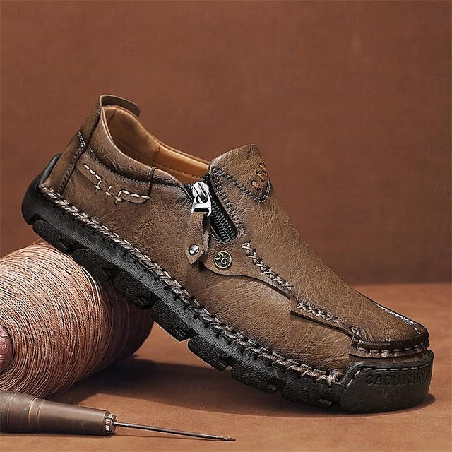 Leather with Side Faux Brown Slip-On Loafers Men's Zipper