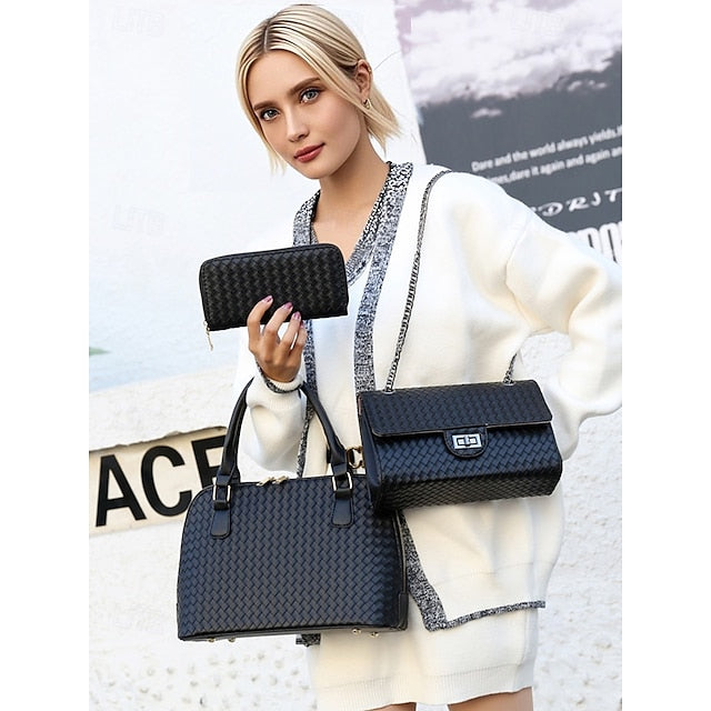 Faux Set Handbag Brown Women's Woven 3-Piece Leather –