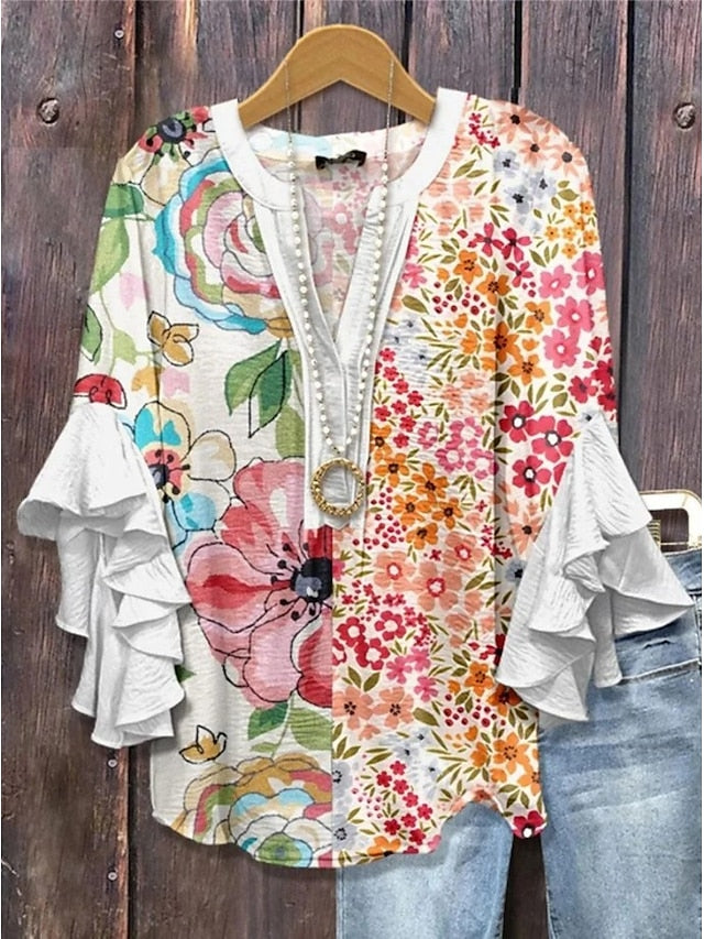 Women's Retro Blouse Layered Ruffle Sleeve Tops Vintage