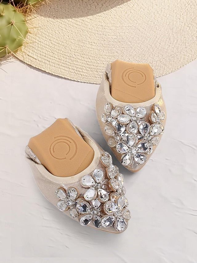 Foldable Women's Flats with Rhinestone Silver