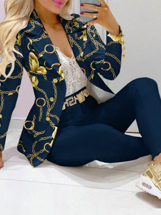 Women's Blazer Trousers Long Sleeve Shirt Collar Graphic