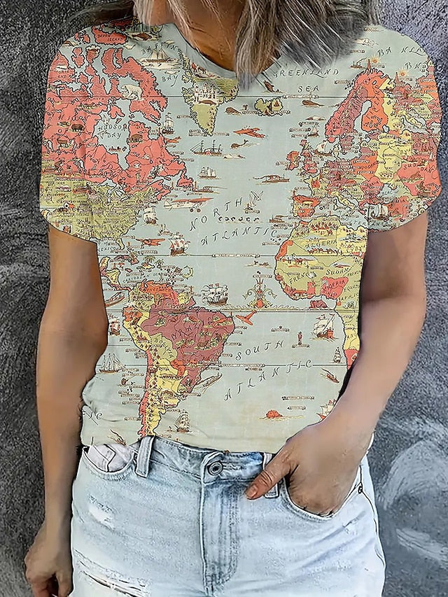 Women's T Shirt Summer Tops Print Graphic Map Classic