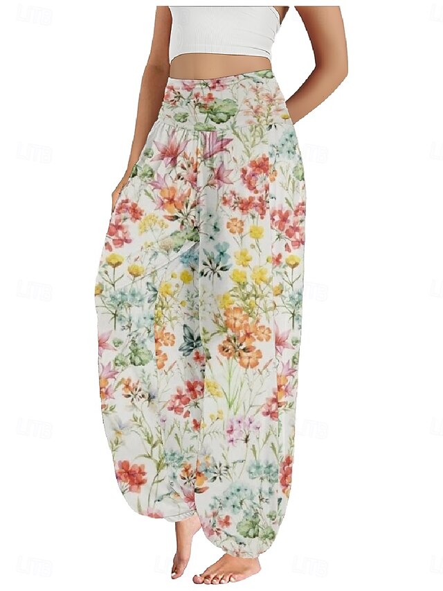 Women's Faux Cotton Linen Wide Leg Pants Trousers Ethnic