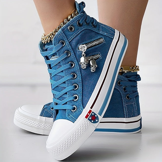 Women's Blue Denim High-Top Sneakers with Skull Charms and