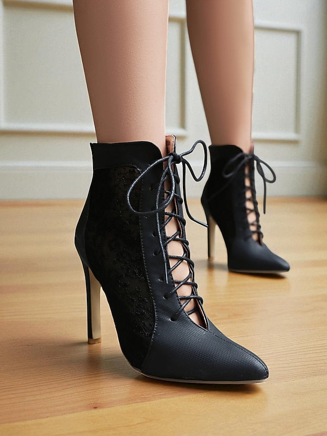 Women's White Stiletto Lace Heels Ankle Booties Mesh with