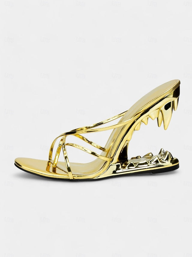 Gold Flat Heel Metallic Sculpted - Unique with Design Sandals