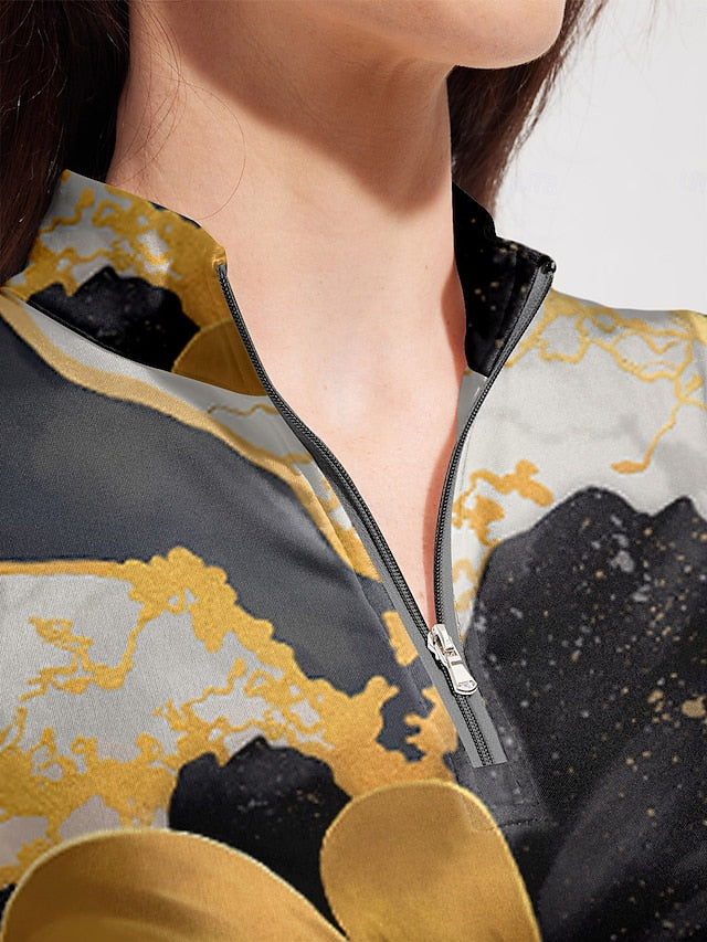 Women's Golf Polo Shirt Black Golden Long Sleeve Top Ladies