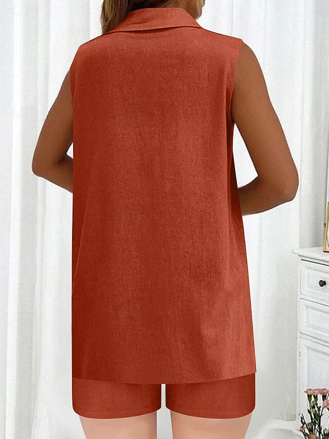 Women's Shorts Sets Sleeveless Shirt Collar Plain Ruched