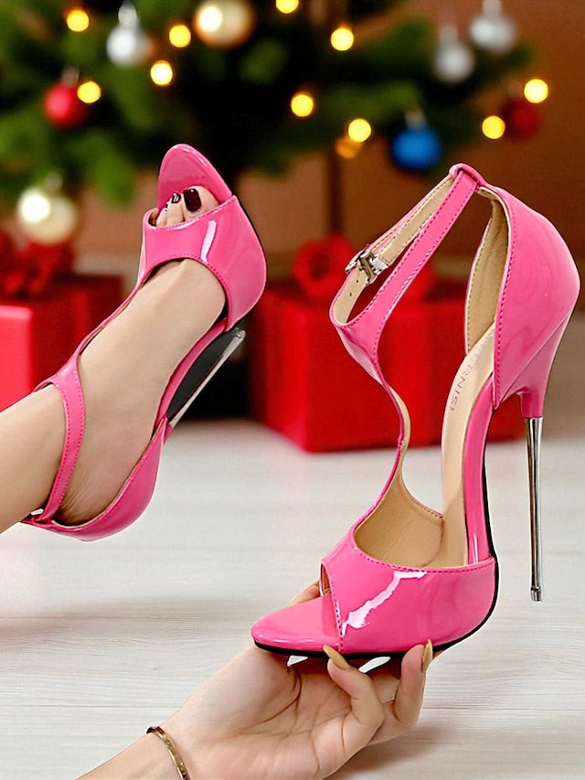 Patent Stiletto Open Leather Heels Red Strappy Women's -