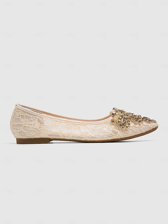 Women's Lace Ballet Ornate Flats Elegant with Beige