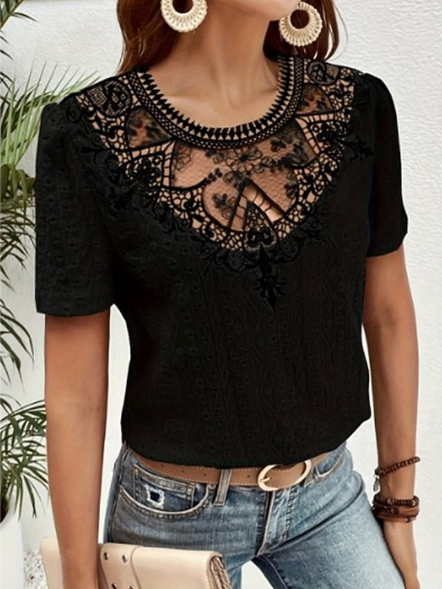 Women's T Shirt Lace Patchwork Plain Fashion Modern Casual