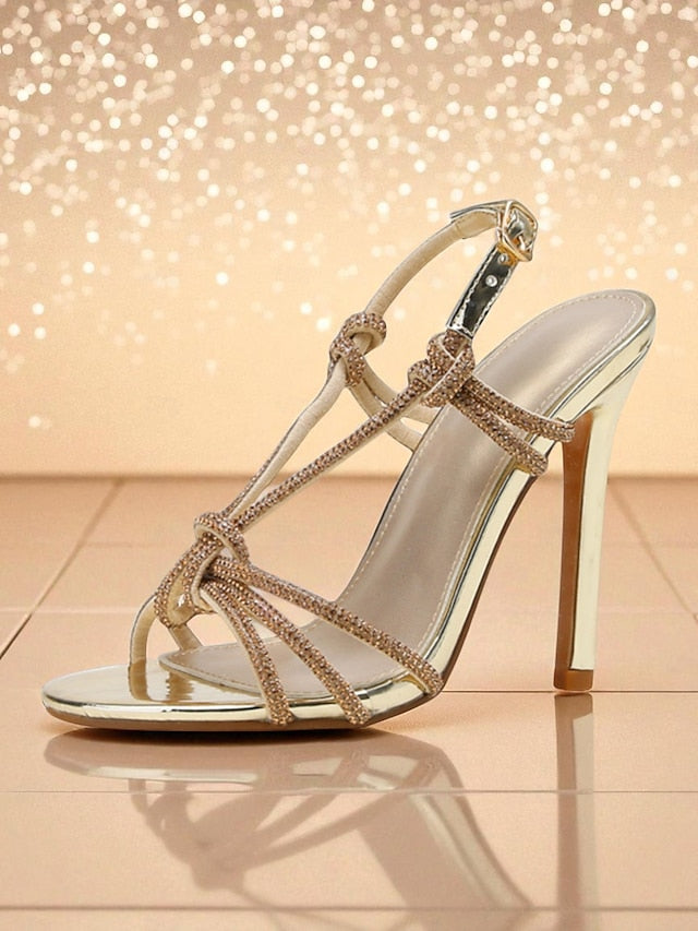 Square Stiletto Strappy Women's Rhinestone Heels with Toe