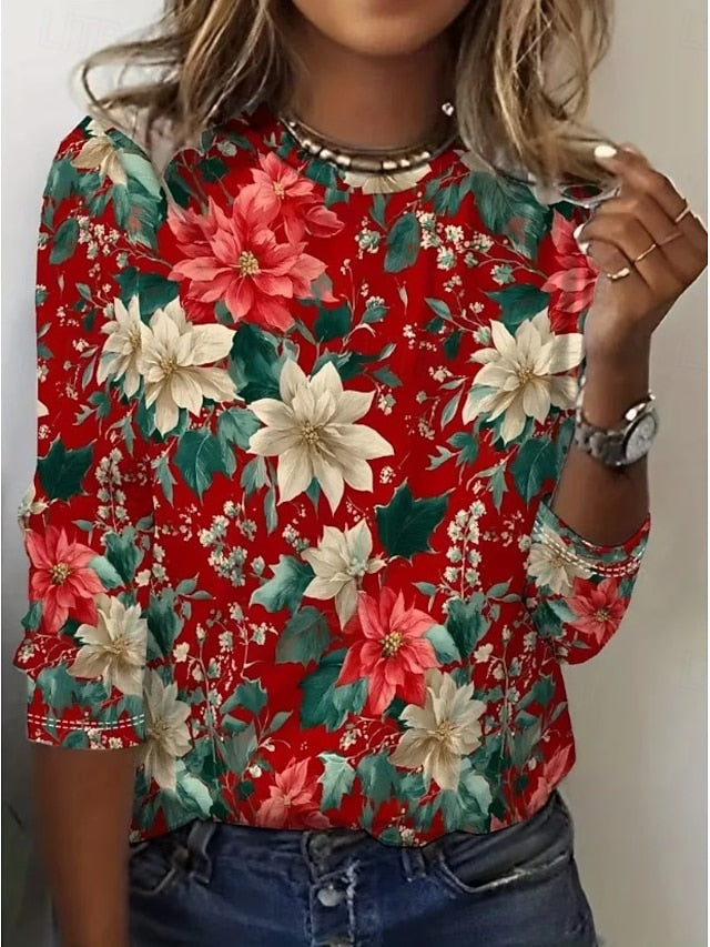 Christmas Women's T Shirt Print Floral Graphic Plants