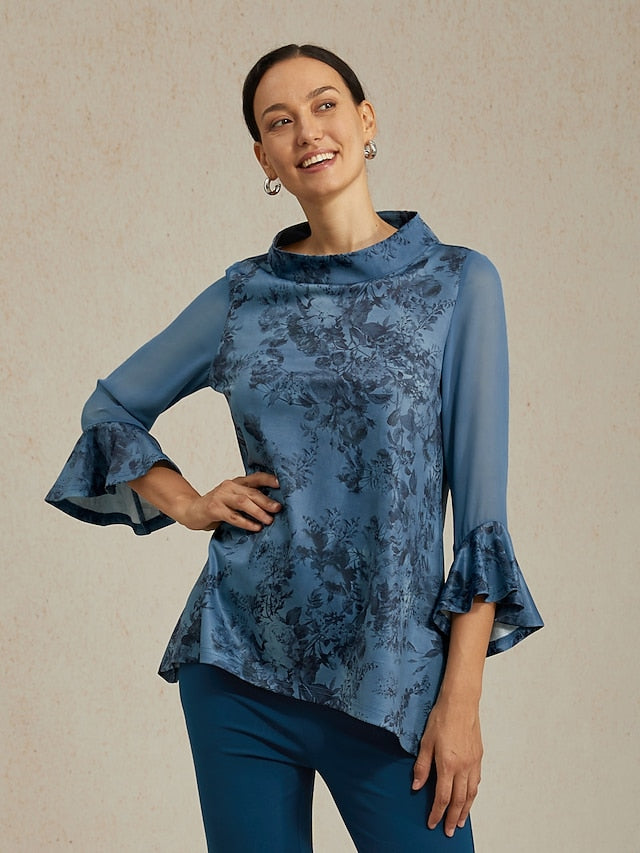 Women's Blouse Gray Blue Floral Stand Collar Sheer Panel