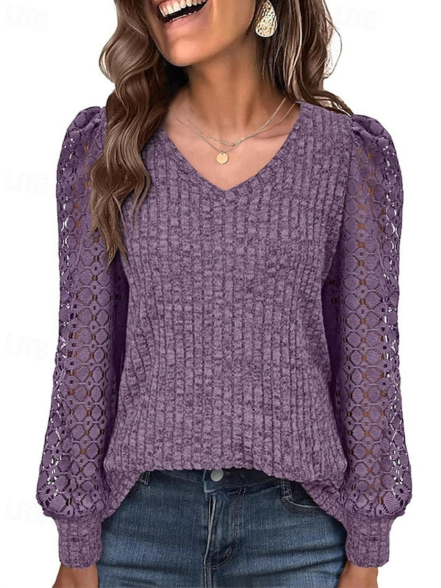 Women's T Shirt Lace Splicing Top Lace Patchwork Solid