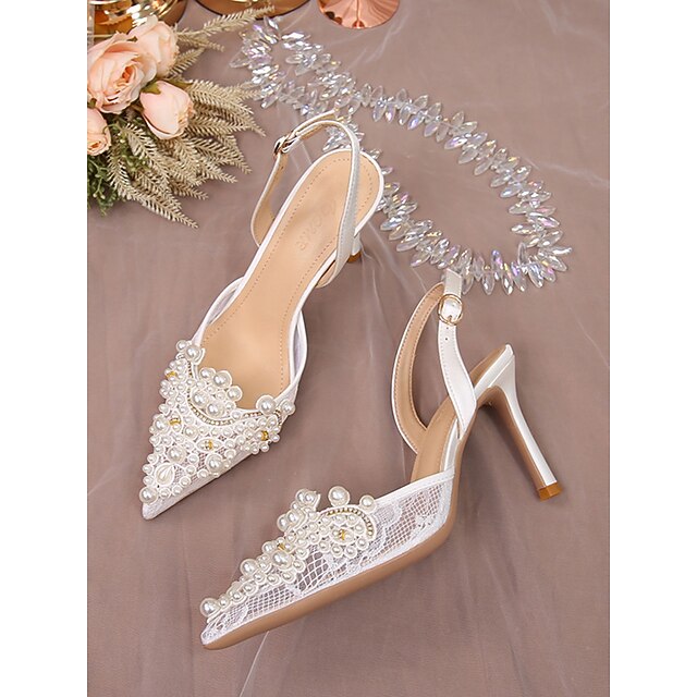 Pearl-Embellished White Heel Slingback Kitten with Pointed-Toe