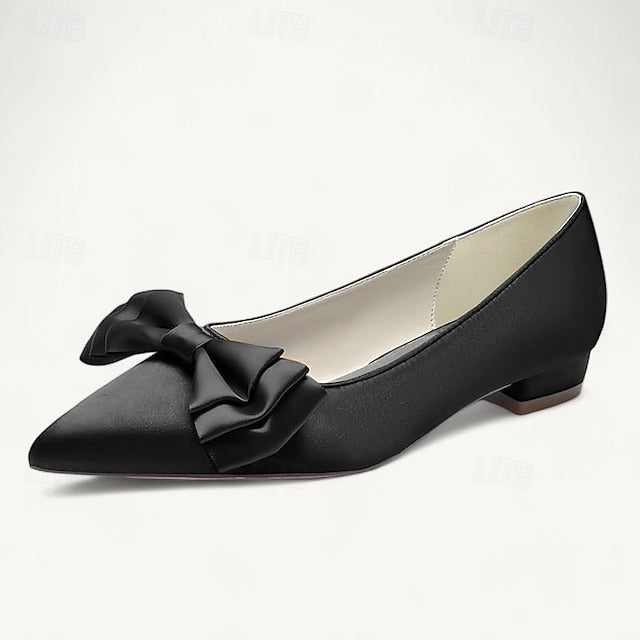 Low Party Women's Pointed Flats Heel Bowknot Shoes Wedding
