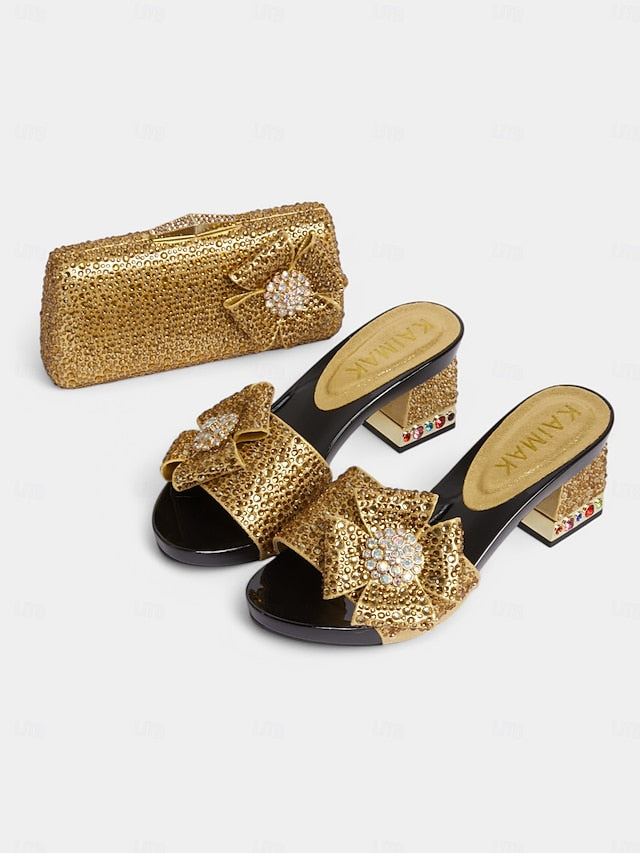 Clutch Sparkling with High Sandals Matching Rhinestone Bow Heel