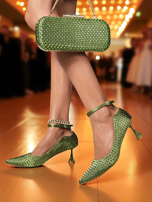 and Women's Set Green Matching Heels Bag Rhinestone Clutch