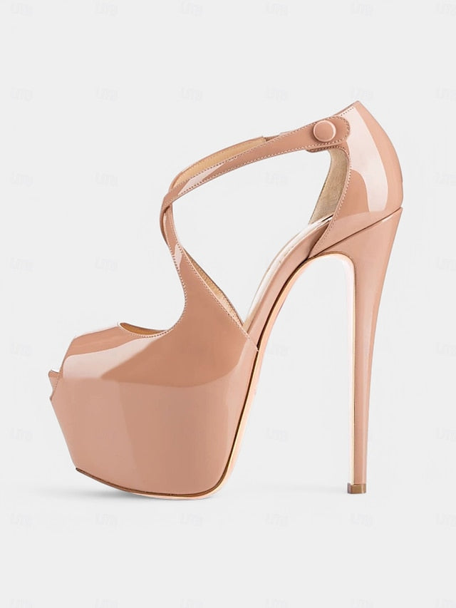 Black Leather Heels Platform Cross with Red Stiletto and Patent