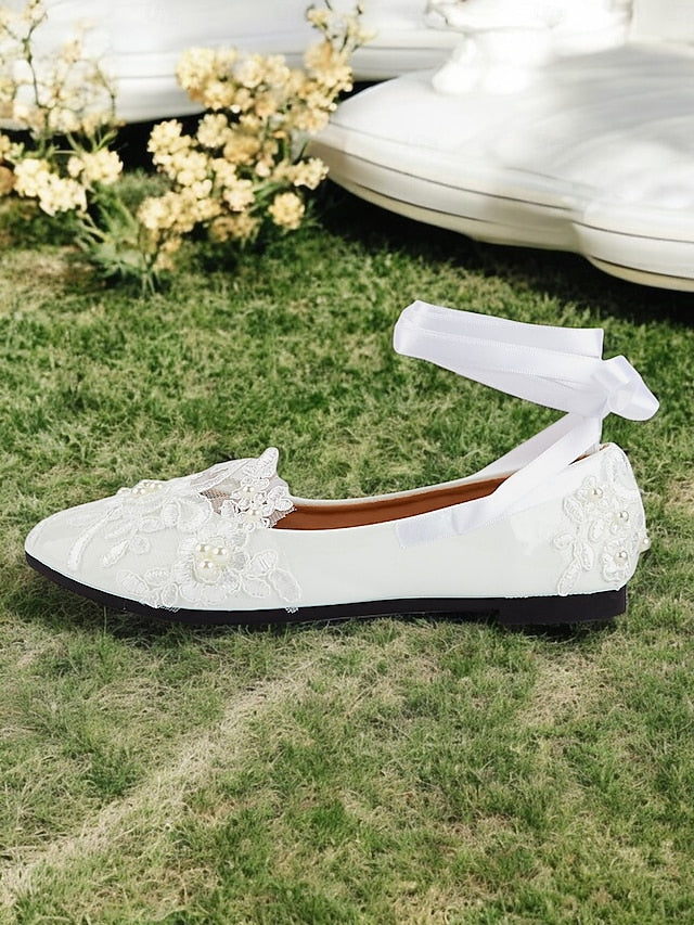Ties Shoes Ribbon Flats Wedding Elegant - Lace Bridal with White