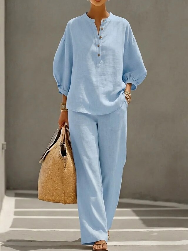 Women's Pants Sets 3/4 Length Sleeve Crew Neck Solid Color