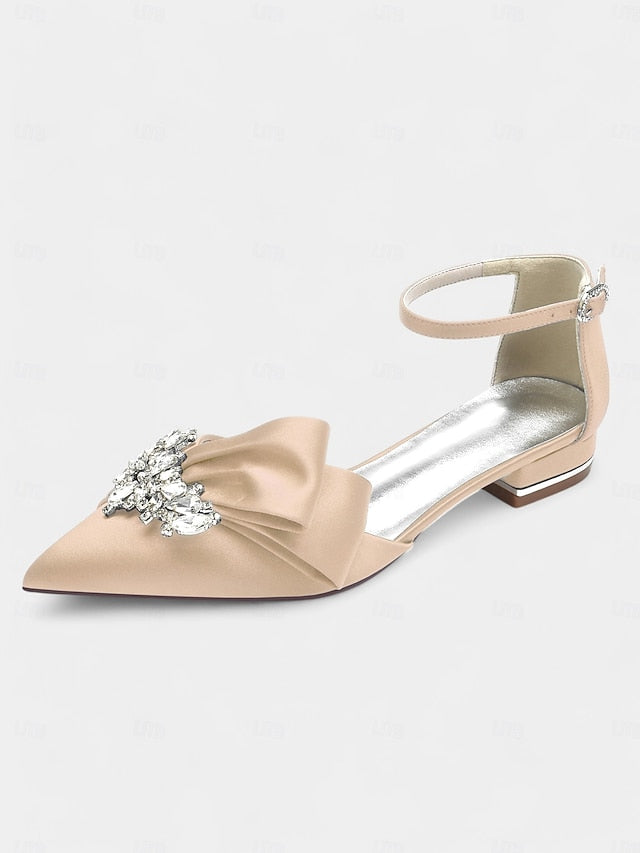 Bow Heels and Pointed-Toe Ankle with Rhinestone White Satin