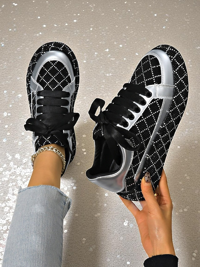 Silver Black Women's Rhinestone Quilted Sneakers - and