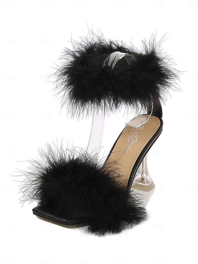 Clear Heel High Feather-Embellished Sandals with Turquoise