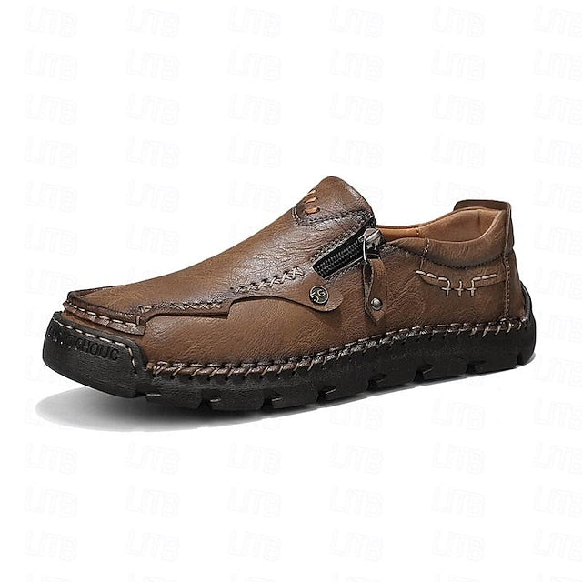 Leather with Side Faux Brown Slip-On Loafers Men's Zipper