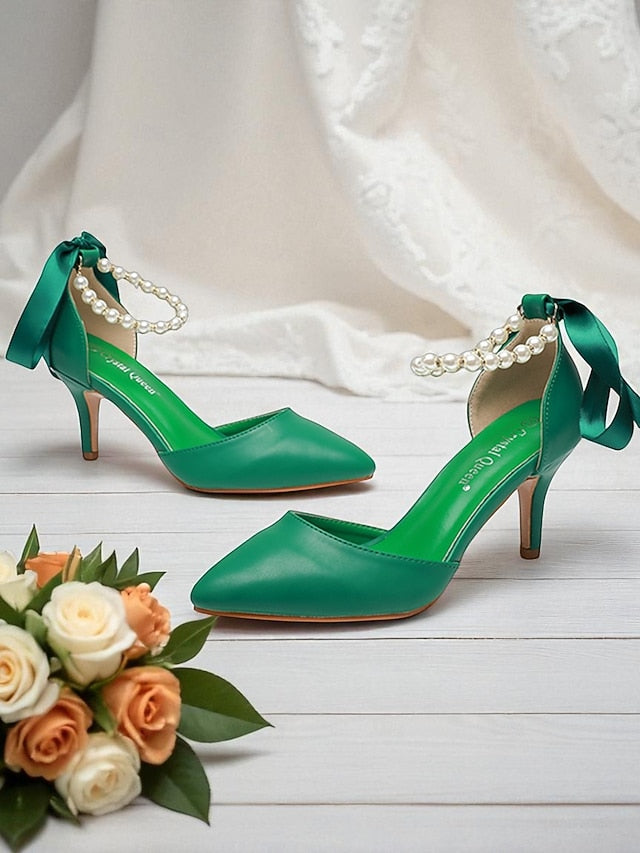 Pearl Bow Ankle Blue Women's - Pumps Strap with Heel Kitten